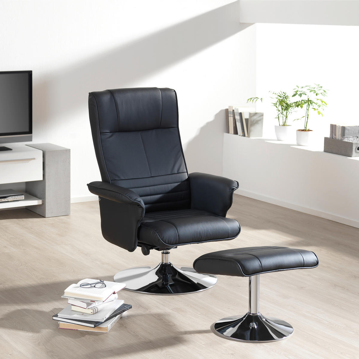 RELAXSESSELSET Lederlook    - Chromfarben/Schwarz, Design, Textil/Metall (77/95-111/81-117cm) - Cantus