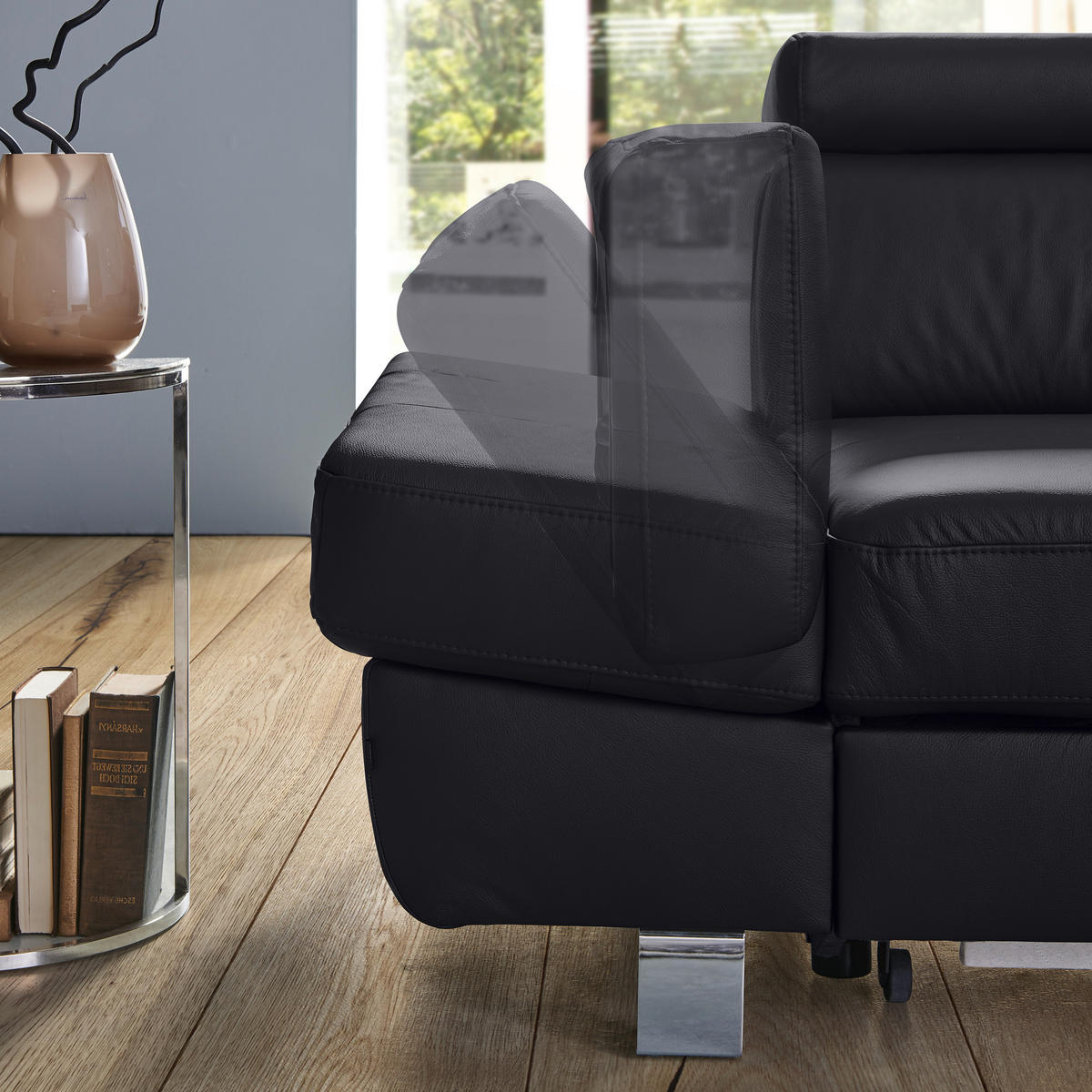 ECKSOFA in Lederlook Kombination Echtleder/Lederlook Schwarz  - Chromfarben/Schwarz, Design, Leder/Textil (212/265cm) - Stylife