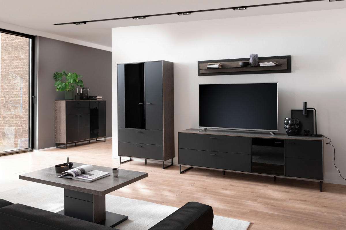 WOHNWAND  in Schwarz, Eichefarben  321/185/50 cm  - Eichefarben/Anthrazit, Design, Glas/Holz (321/185/50cm) - MID.YOU