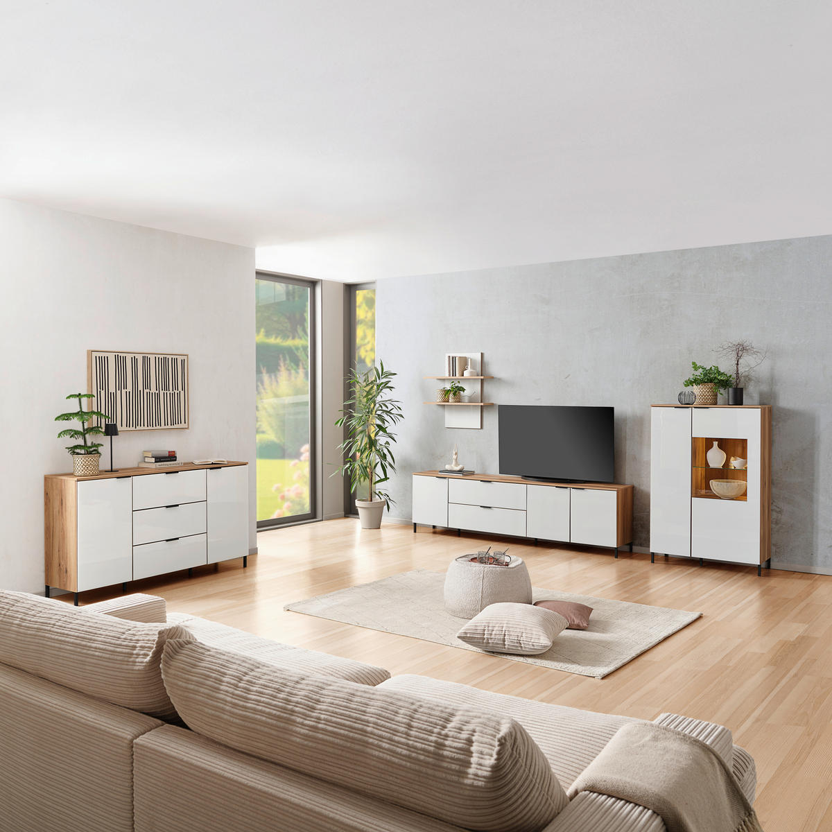 TV-Lowboard Austin 225 cm bela, barve hrasta  - črna/barve hrasta, Trend, kovina/steklo (225/63/40cm)