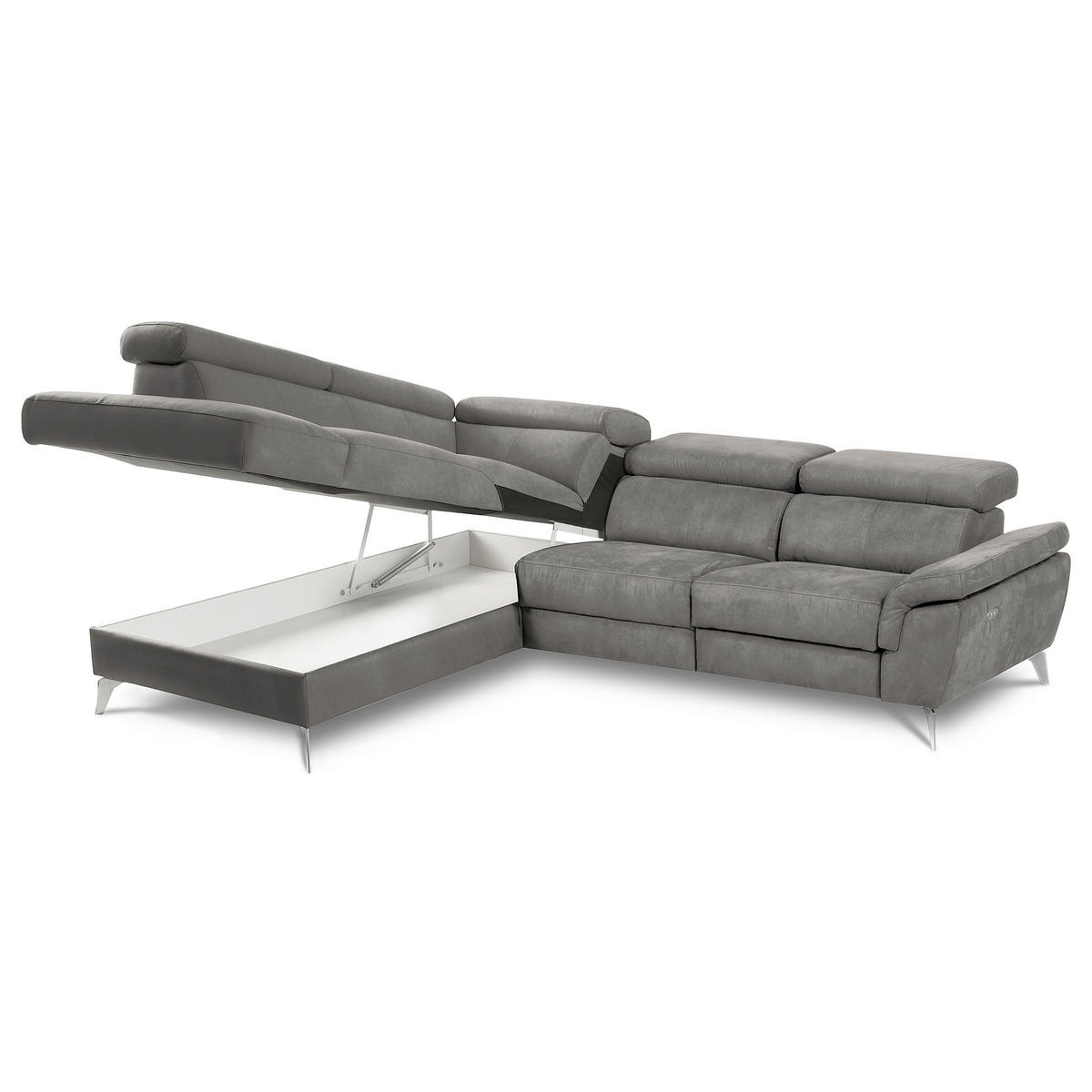 ECKSOFA SONO in Lederlook Anthrazit Bettkasten, Armteilverstellung, Kopfteilverstellung  210/265 cm  - Chromfarben/Anthrazit, Design, Textil/Metall (210/265cm) - Livetastic