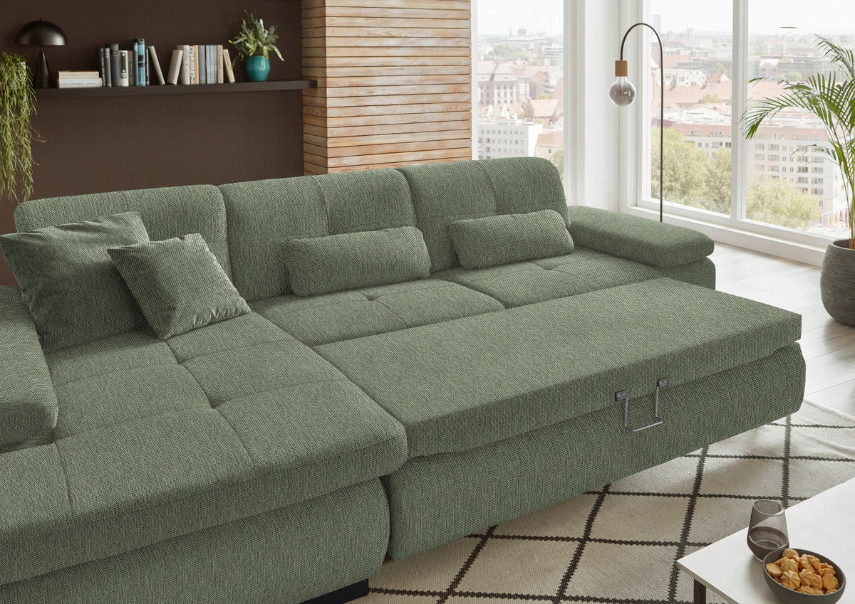 ECKSOFA in Flachgewebe Grün  - Schwarz/Grün, Design, Textil/Metall (174/297cm) - Beldomo Style