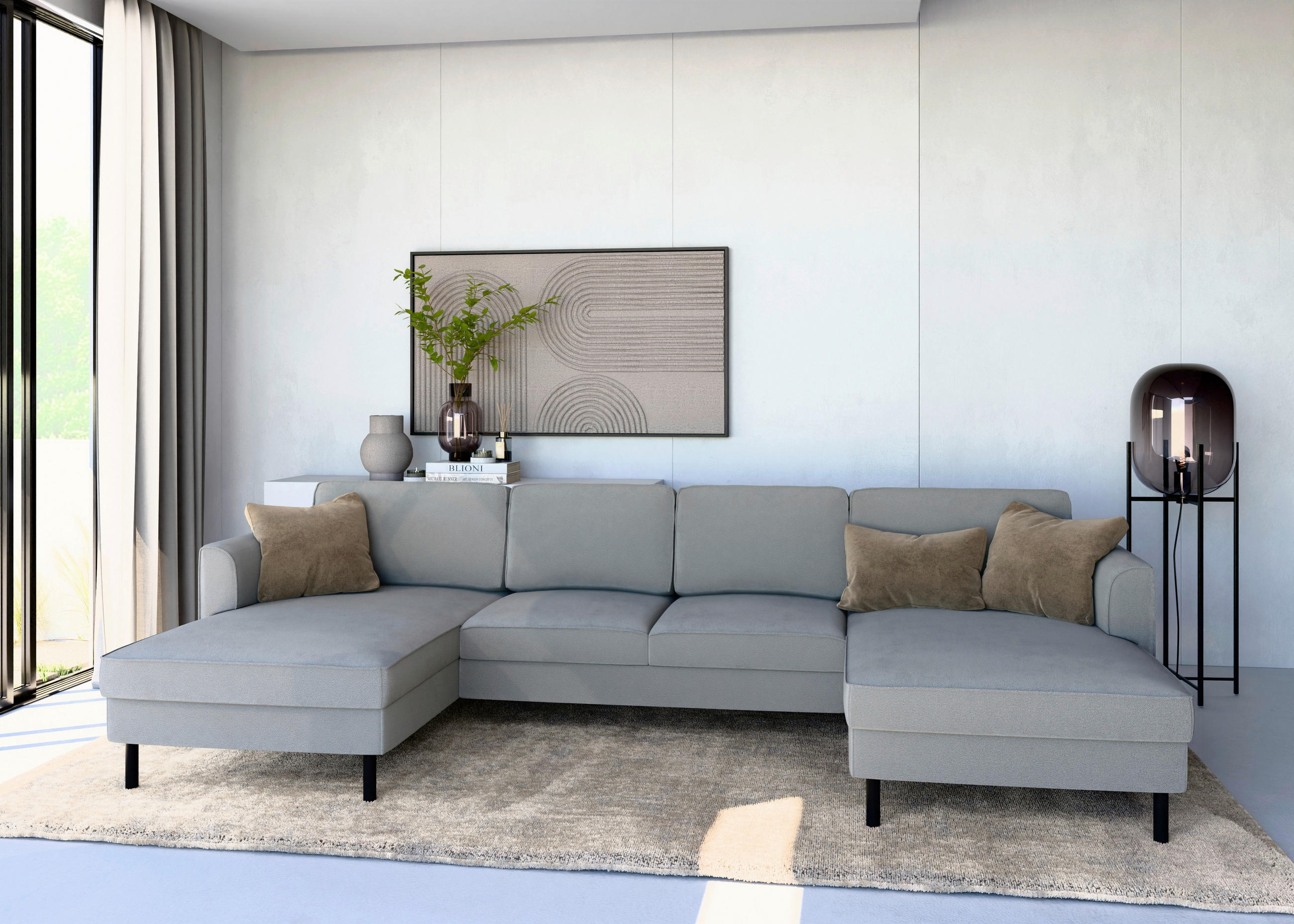 WOHNLANDSCHAFT Schlammfarben Struktur  - Schlammfarben/Schwarz, MODERN, Textil/Metall (161/306/161cm) - Trendmanufaktur