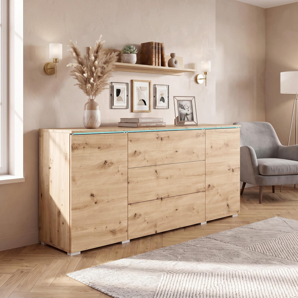SIDEBOARD Vera 150/67,9/39,5 cm 3 Schublade(n)  - Eiche Artisan/Grau, Basics, Holzwerkstoff/Kunststoff (150/67,9/39,5cm) - P & B