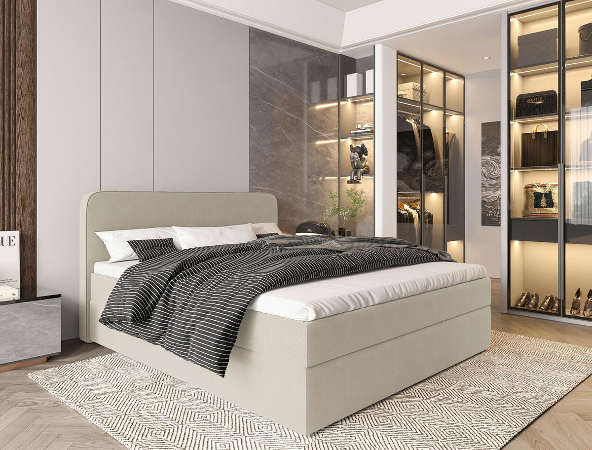 Pat Tip Boxspring Fără Arcuri, 180/200 cm, bej - bej/culoare natur, Modern, plastic/lemn (180/200cm) - MID.YOU