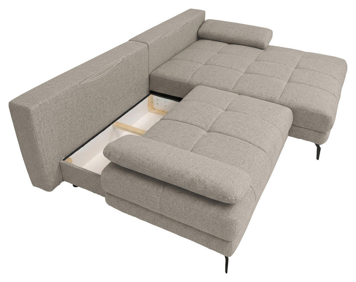 ECKSOFA Grau Struktur Rückenkissen, Bettkasten, Schlaffunktion, Rücken echt, Armteilverstellung, Liegefläche im Originalstoff  - Beige/Schwarz, MODERN, Textil/Metall (263/181cm) - Carryhome