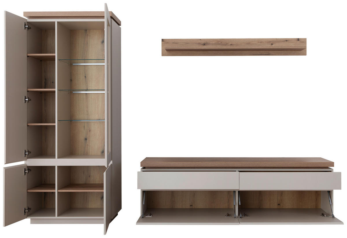 WOHNWAND 3-teilig  in Eichefarben, Kaschmir  278/197/40 cm  - Kaschmir/Eichefarben, Design, Glas/Holzwerkstoff (278/197/40cm) - Livetastic