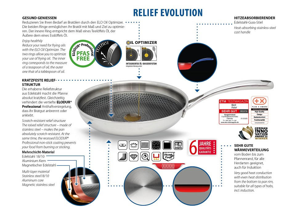 Thumbnail - ELO Bratpfanne Relief Evolution, Edelstahl, Metall, hitzebeständige Griffe, backofengeeignet, kratzfest, rostfrei, Koche...