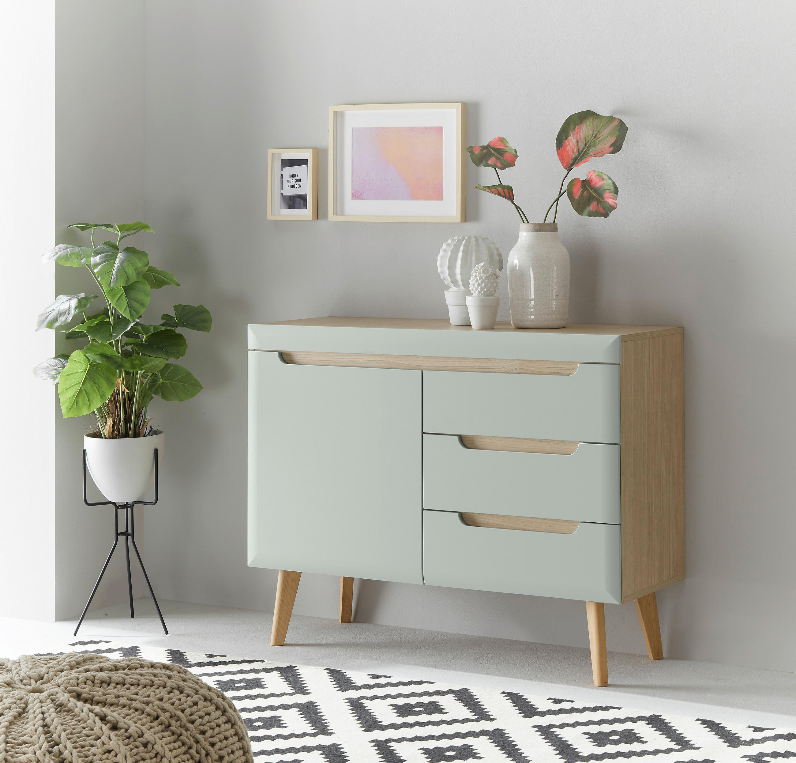 Thumbnail - Mid.you Sideboard, Grün, Eiche, Holzwerkstoff, 1 Fächer, 3 Schubladen, 107x83x40 cm, stehend, Wohnzimmer, Kommoden & Sid...