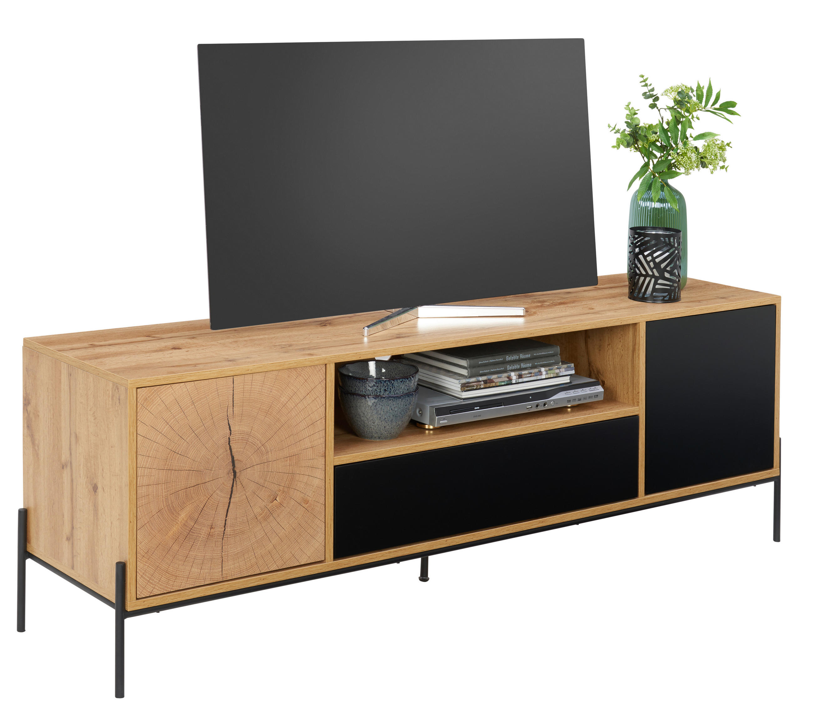 TV-BÄNK 160/55/40 cm  - svart/ekfärgad, Design, metall/trämaterial (160/55/40cm) - Carryhome