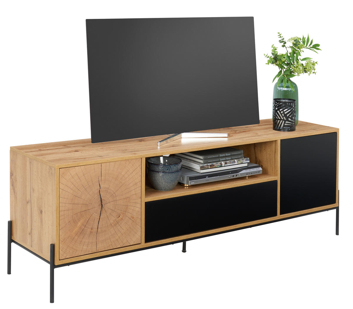 TV-BÄNK  - svart/ekfärgad, Design, metall/trämaterial (160/55/40cm) - Carryhome