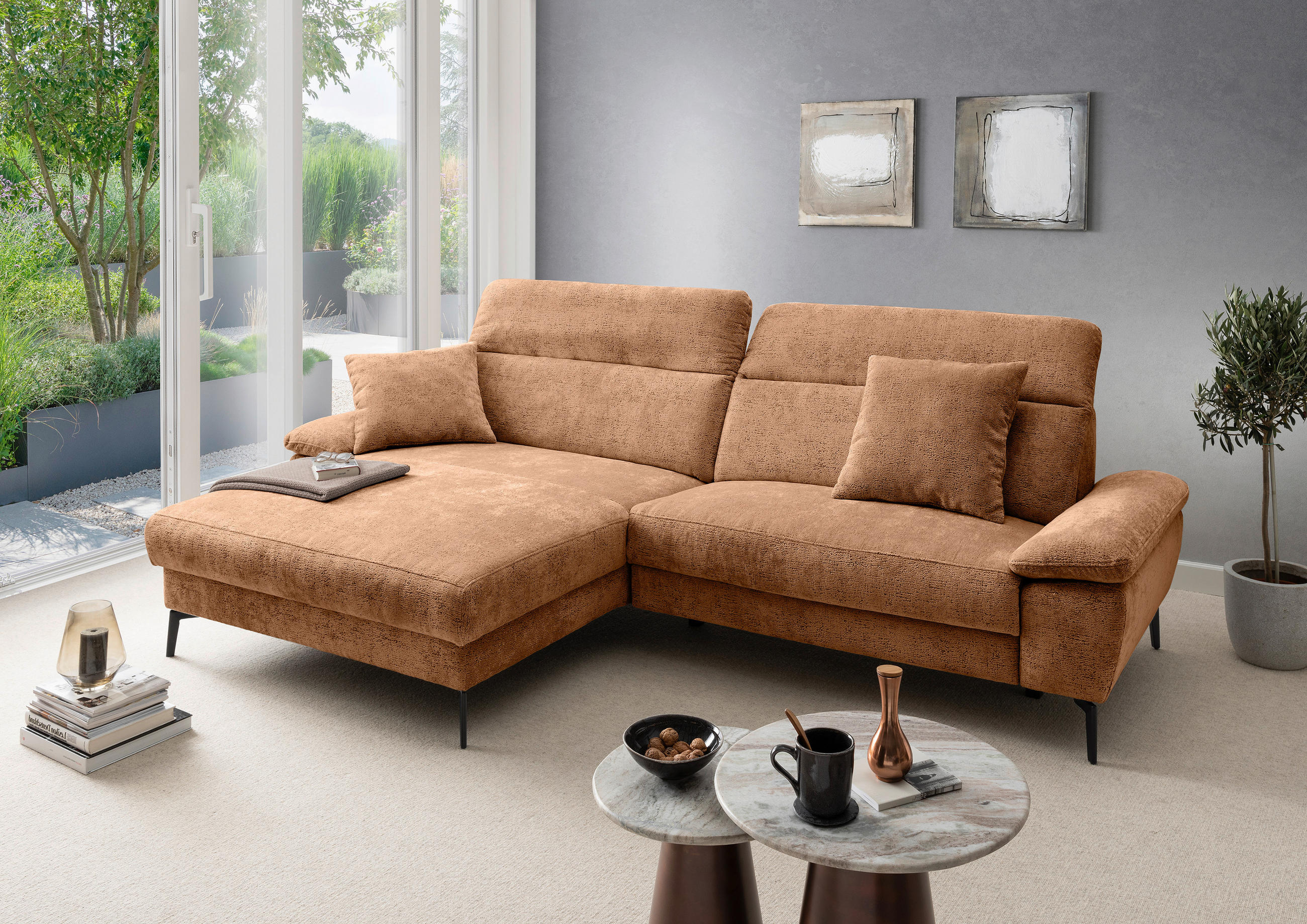 ECKSOFA CANCELLI in Struktur Koralle  178/300 cm  - Koralle/Schwarz, KONVENTIONELL, Textil/Metall (178/300cm) - Livetastic