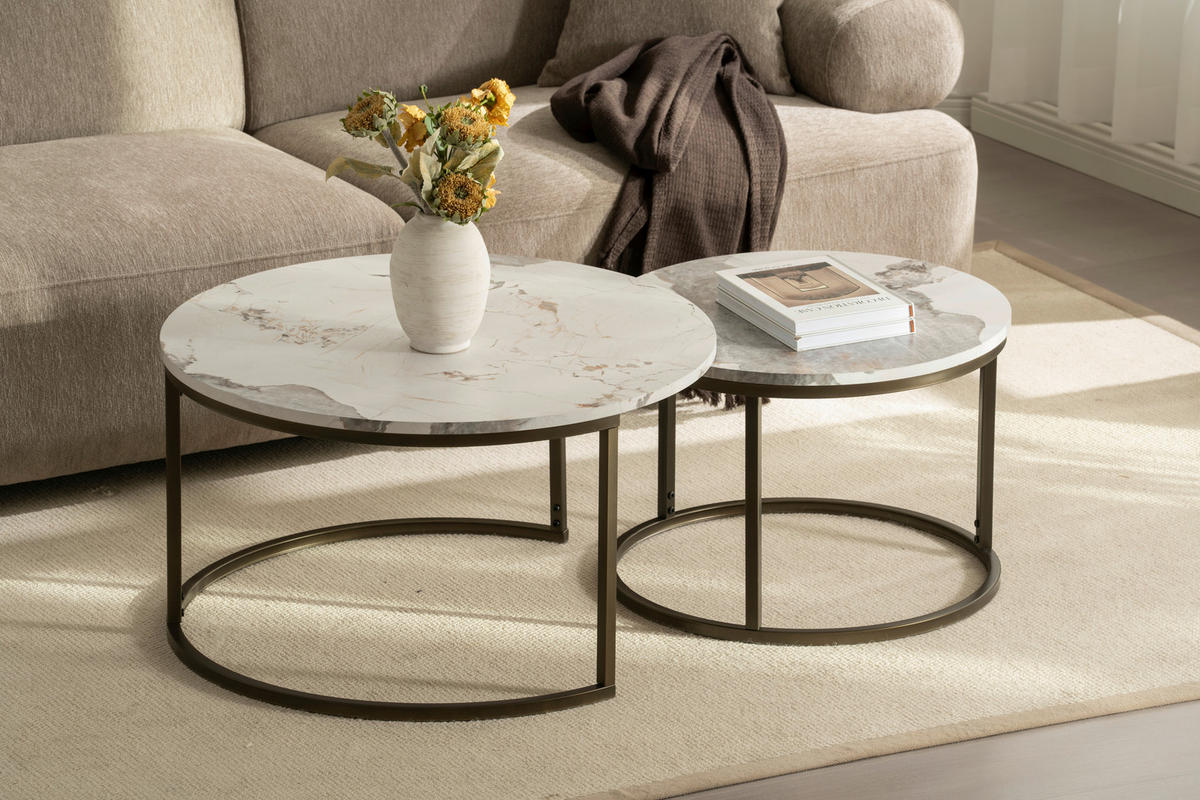 COUCHTISCHSET 60-80/60-80/42-45 cm rund Weiß, Bronzefarben  - Bronzefarben/Weiß, Design, Holzwerkstoff/Metall (60-80/60-80/42-45cm) - home24
