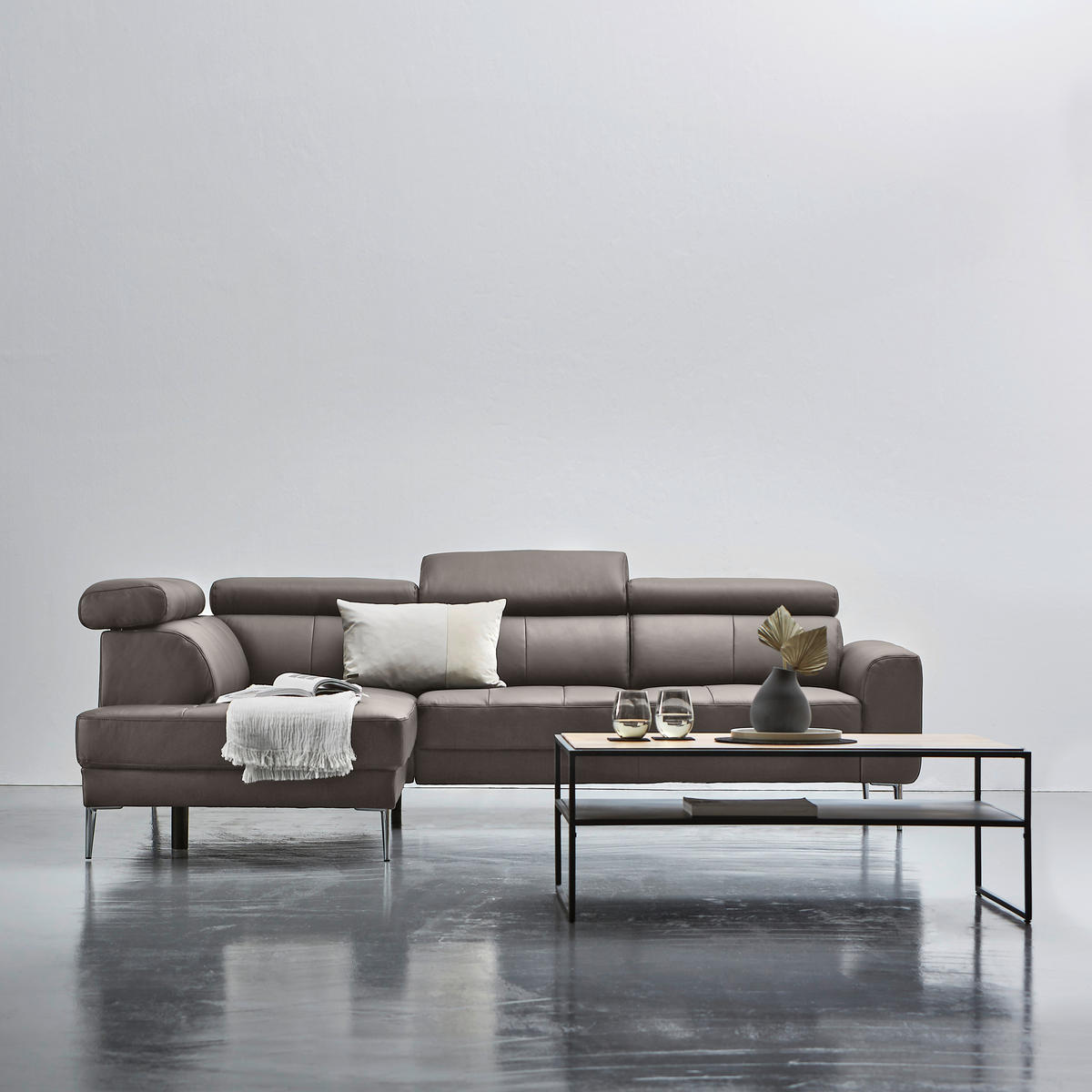 ECKSOFA Grau Echtleder  - Chromfarben/Grau, Design, Leder/Metall (213/262cm) - Hom`in