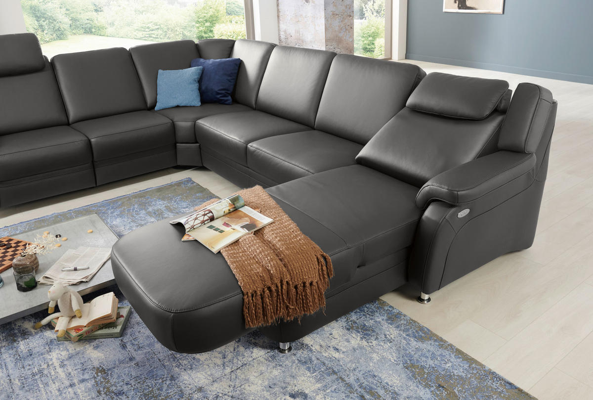 WOHNLANDSCHAFT in Echtleder Anthrazit  - Anthrazit/Alufarben, Konventionell, Leder/Metall (239/329/165cm) - Beldomo Premium