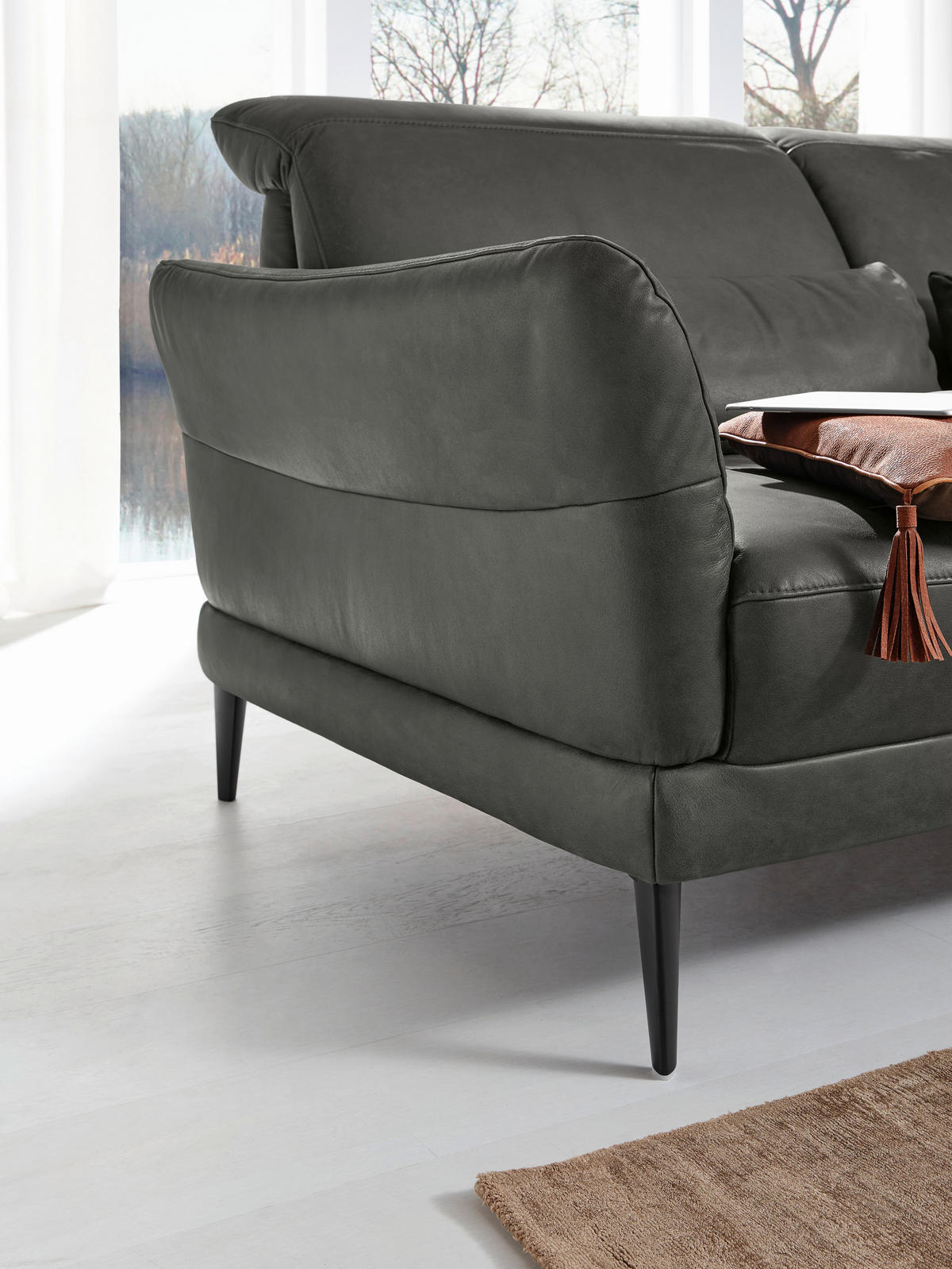 ECKSOFA Dunkelgrau Echtleder  - Dunkelgrau/Schwarz, Design, Leder/Metall (193/312cm) - Musterring