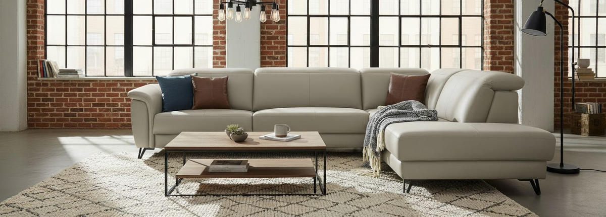 HÖRNSOFFA i äkta läder lerfärgad  - lerfärgad/svart, Modern, metall/läder (303/240cm) - Livetastic