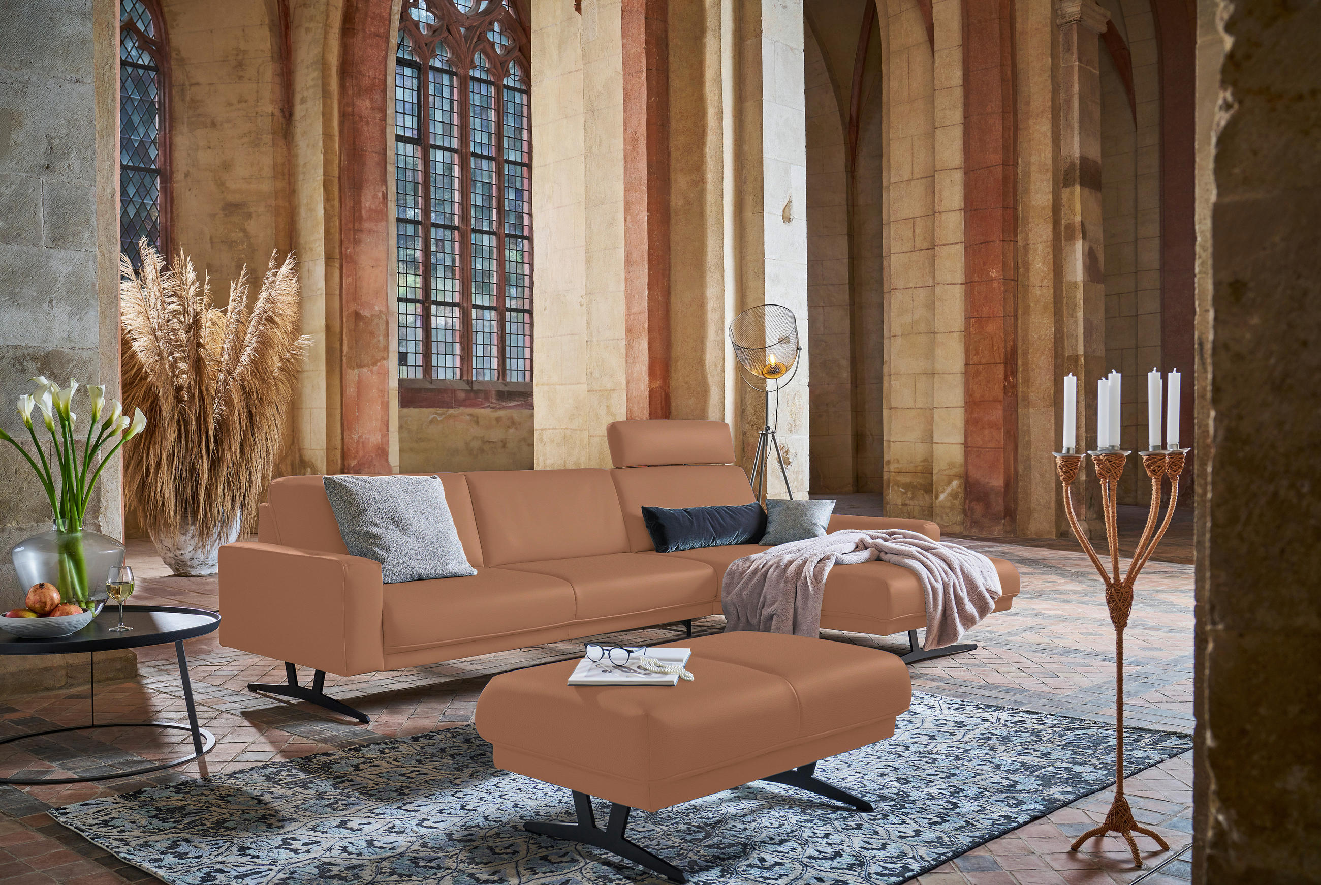 ECKSOFA in Echtleder Hellbraun  - Hellbraun/Anthrazit, Konventionell, Leder/Metall (324/179cm) - Johann Jakob