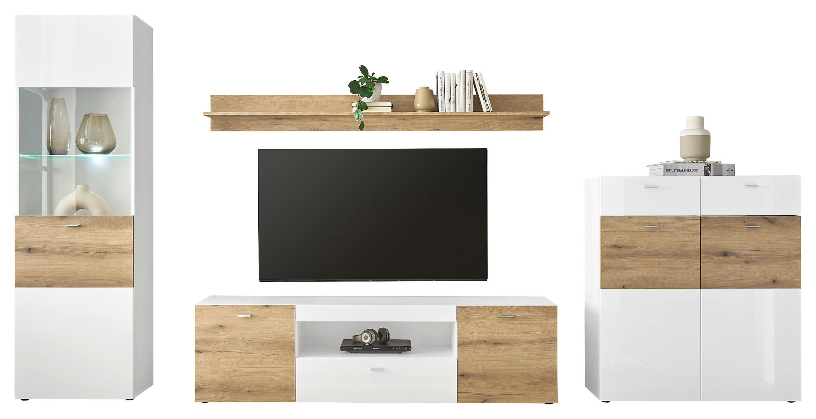 REGAL ZA DNEVNI BORAVAK bijela, boje hrasta, bijela visoki sjaj   - bijela/srebrne boje, Design, staklo/drvni materijal (310/195/40cm) - Carryhome