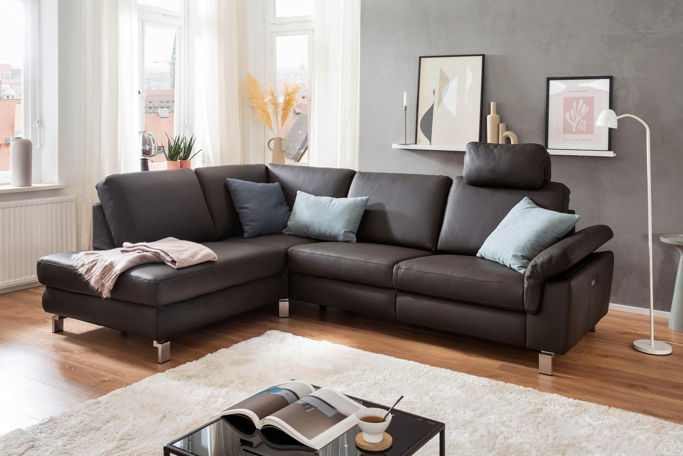 ECKSOFA in Echtleder Dunkelbraun  - Chromfarben/Dunkelbraun, Design, Leder/Metall (271/200cm) - Pure Home Lifestyle