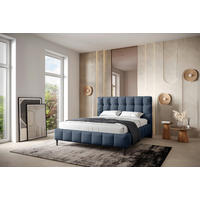 STOPPAD SÄNG 180/200 cm,  i blå, stoppad sänggavel, ribbotten,  - blå/svart, Modern, metall/trämaterial (180/200cm) - Livetastic