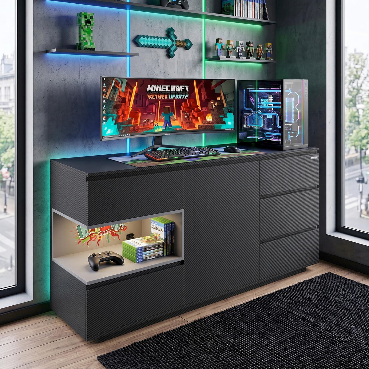 SIDEBOARD  160/80/40 cm 5 Schublade(n)  - Schwarz, MODERN, Holzwerkstoff (160/80/40cm) - Minecraft
