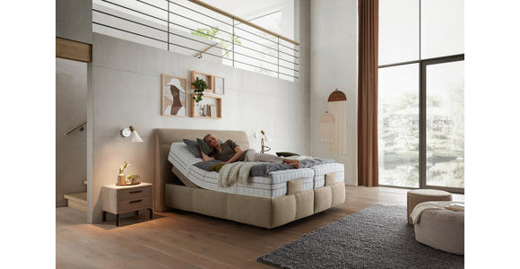 BOXSPRINGBETT 180/200 cm,  in Beige, Matratze, Topper, motorische Verstellbarkeit, Fernbedienung, unterschiedliche Matratzenhärtegrade je Bettseite, H2 + H3 = mittel + fest  - Beige/Schwarz, KONVENTIONELL, Kunststoff/Textil (180/200cm) - Voleo