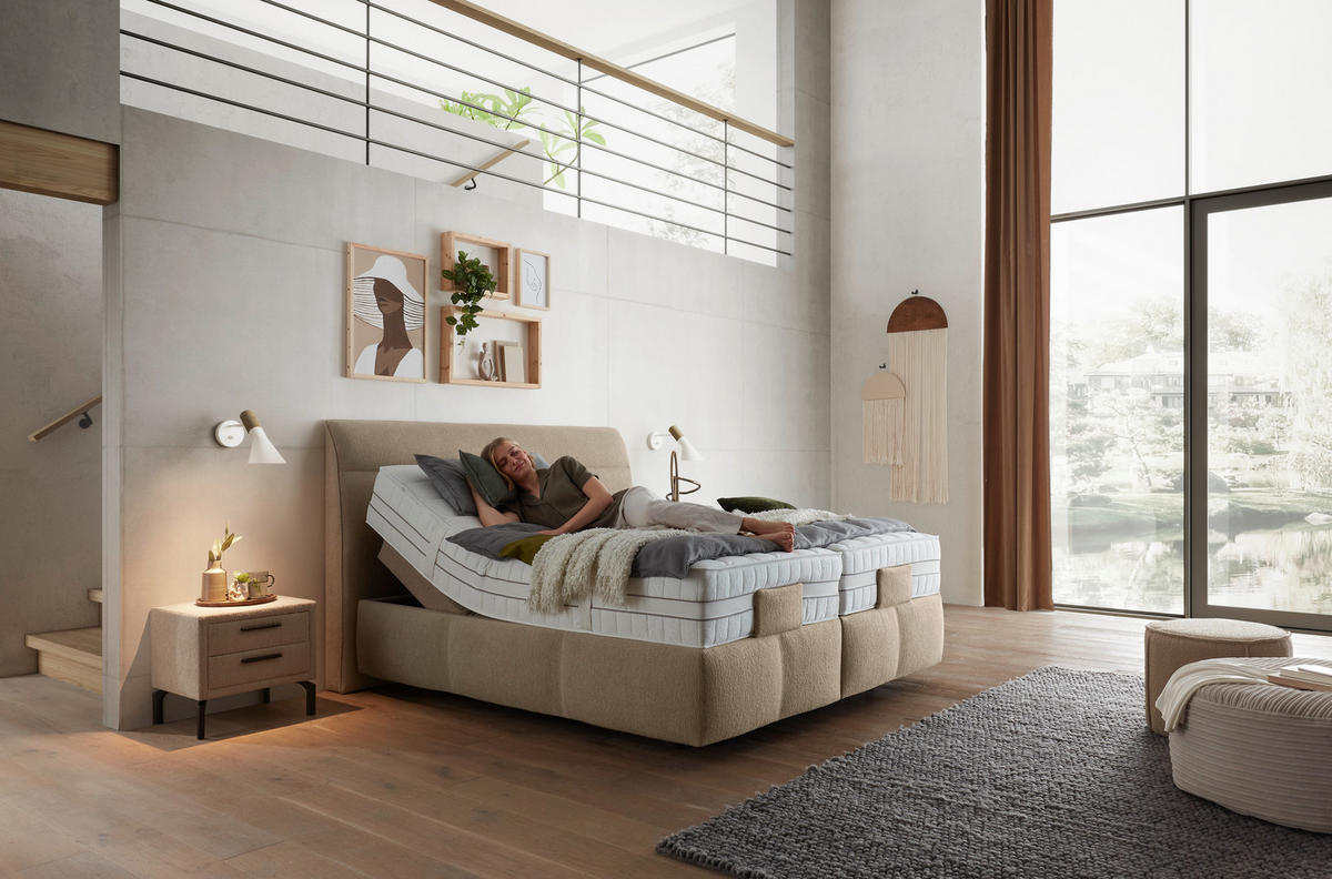 BOXSPRINGBETT 180/200 cm,  in Beige, Matratze, Topper, motorische Verstellbarkeit, Fernbedienung, unterschiedliche Matratzenhärtegrade je Bettseite, H2 + H3 = mittel + fest  - Beige/Schwarz, KONVENTIONELL, Kunststoff/Textil (180/200cm) - Voleo