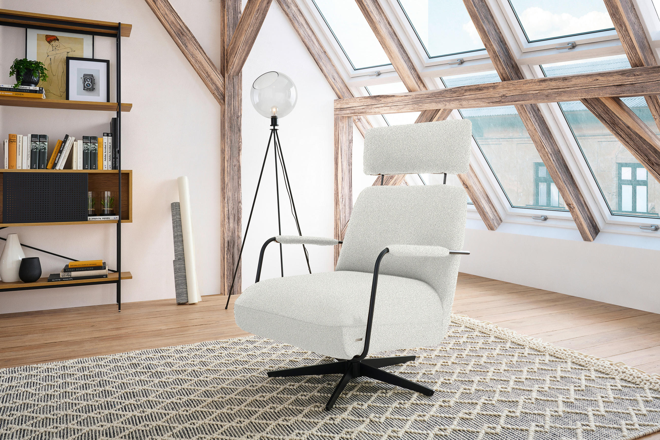 SESSEL in Flachgewebe, Bouclé Weiss  - Weiss/Schwarz, Design, Textil/Metall (71/103/91cm) - Koinor