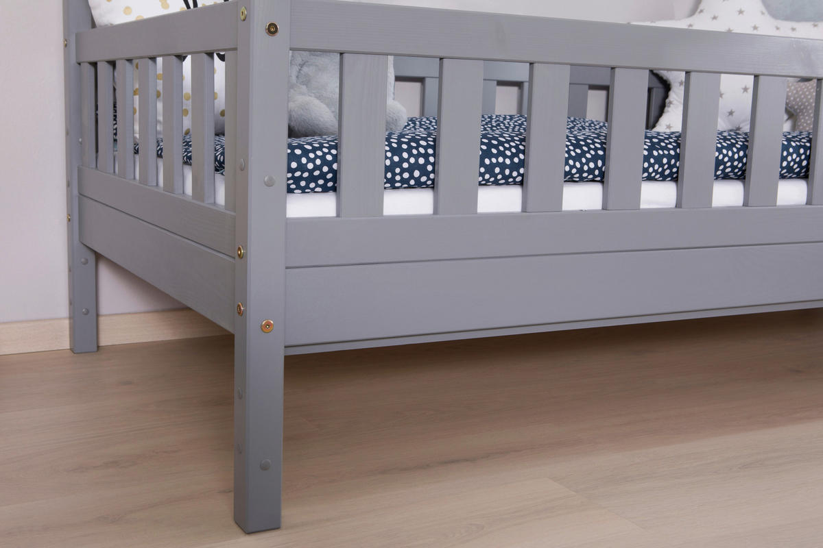 HAUSBETT  in Hellgrau, Absturzsicherung, Matratze, Rollrost, Bettkasten  - Hellgrau/Weiß, MODERN, Holz/Textil (90/200cm) - MID.YOU