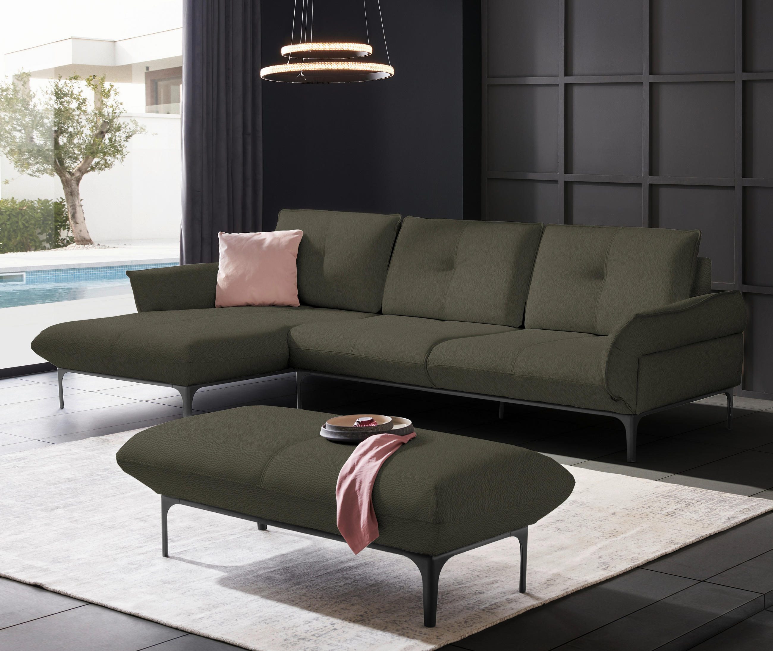 ECKSOFA in Echtleder Dunkelbraun  - Dunkelbraun/Schwarz, Design, Leder/Metall (182/325cm) - Valnatura