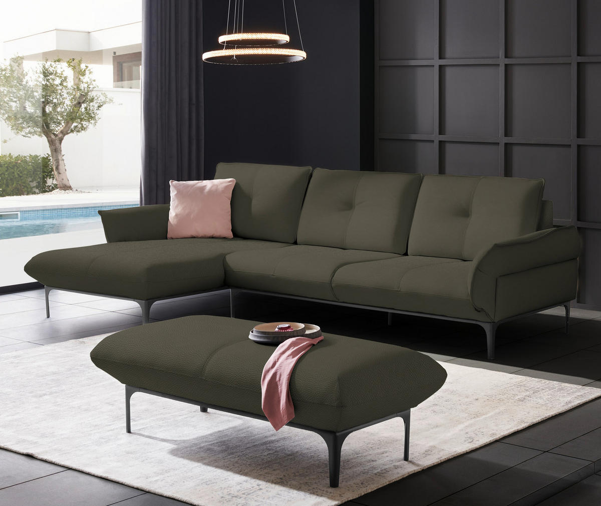 ECKSOFA in Echtleder Dunkelbraun  - Dunkelbraun/Schwarz, Design, Leder/Metall (182/325cm) - Valnatura
