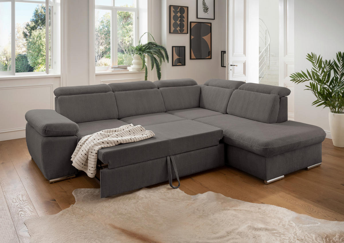 ECKSOFA Grau Cord  - Chromfarben/Grau, Design, Textil/Metall (283/228cm) - Livetastic