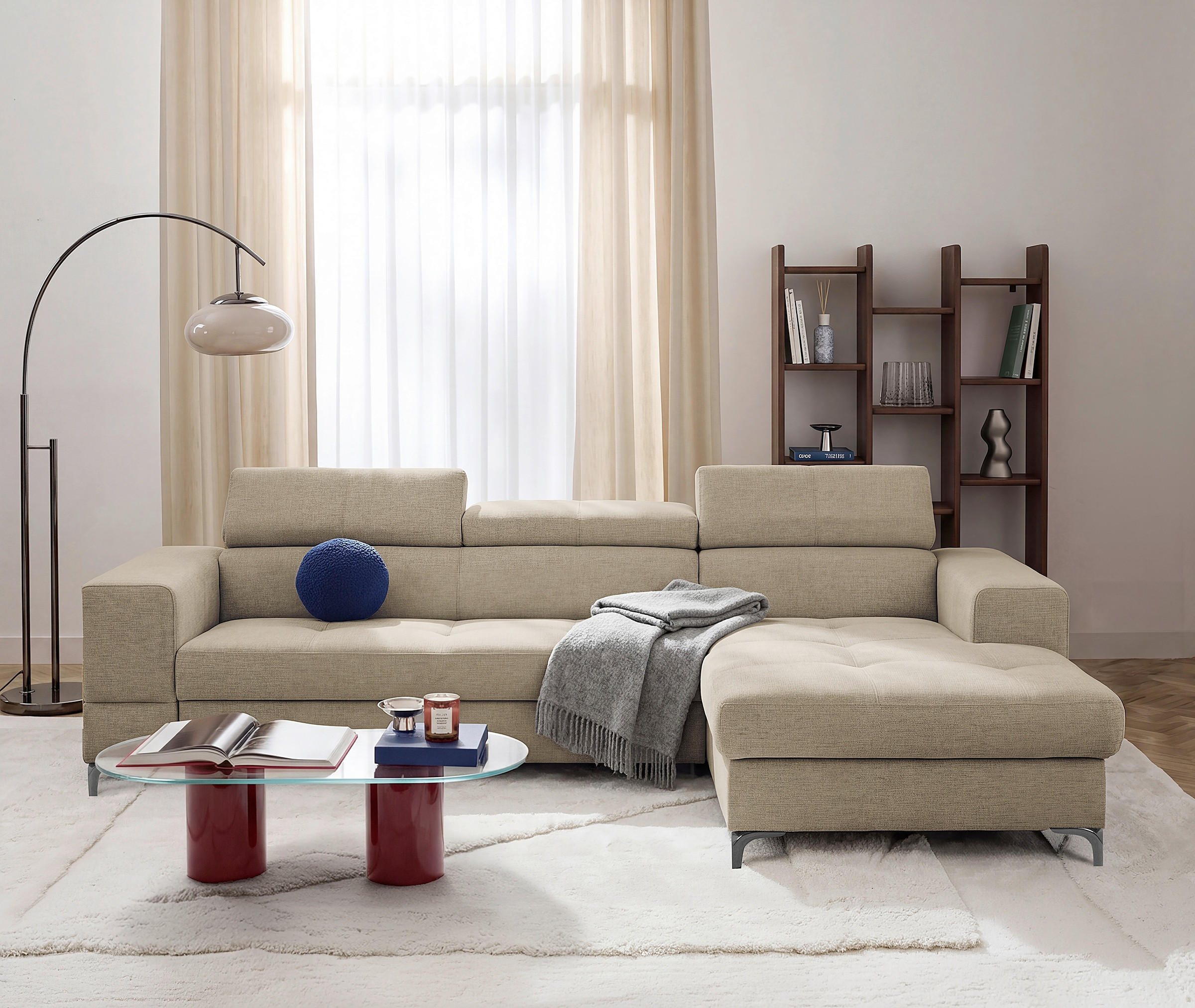 ECKSOFA TORINO Taupe Chenille Bettkasten, Kopfteilverstellung  - Taupe/Schwarzchrom, Design, Textil/Metall (247/173cm) - Livetastic