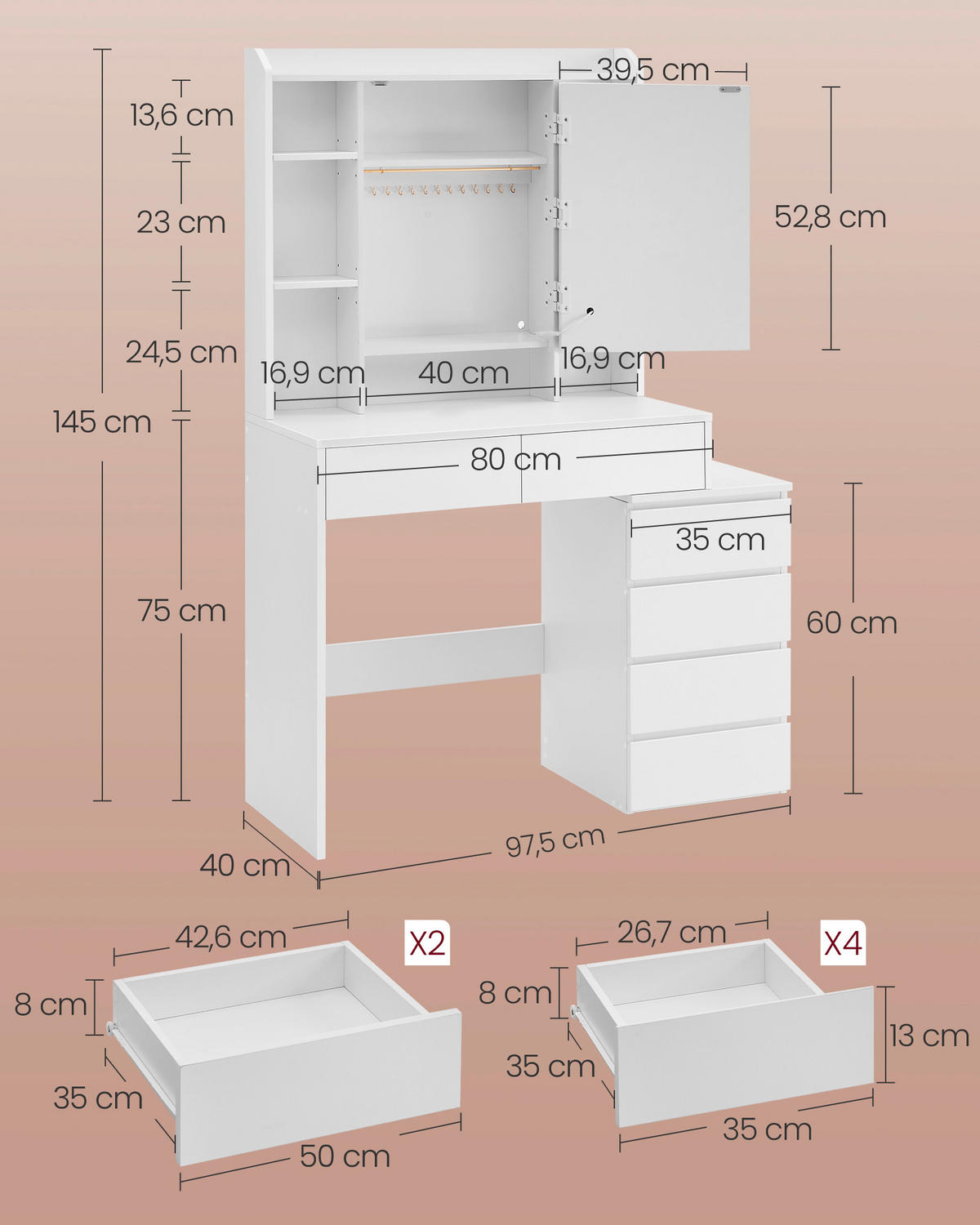 SCHMINKTISCH Weiß  - Weiß, Basics, Holzwerkstoff (97,5/40/145cm) - Boxxx