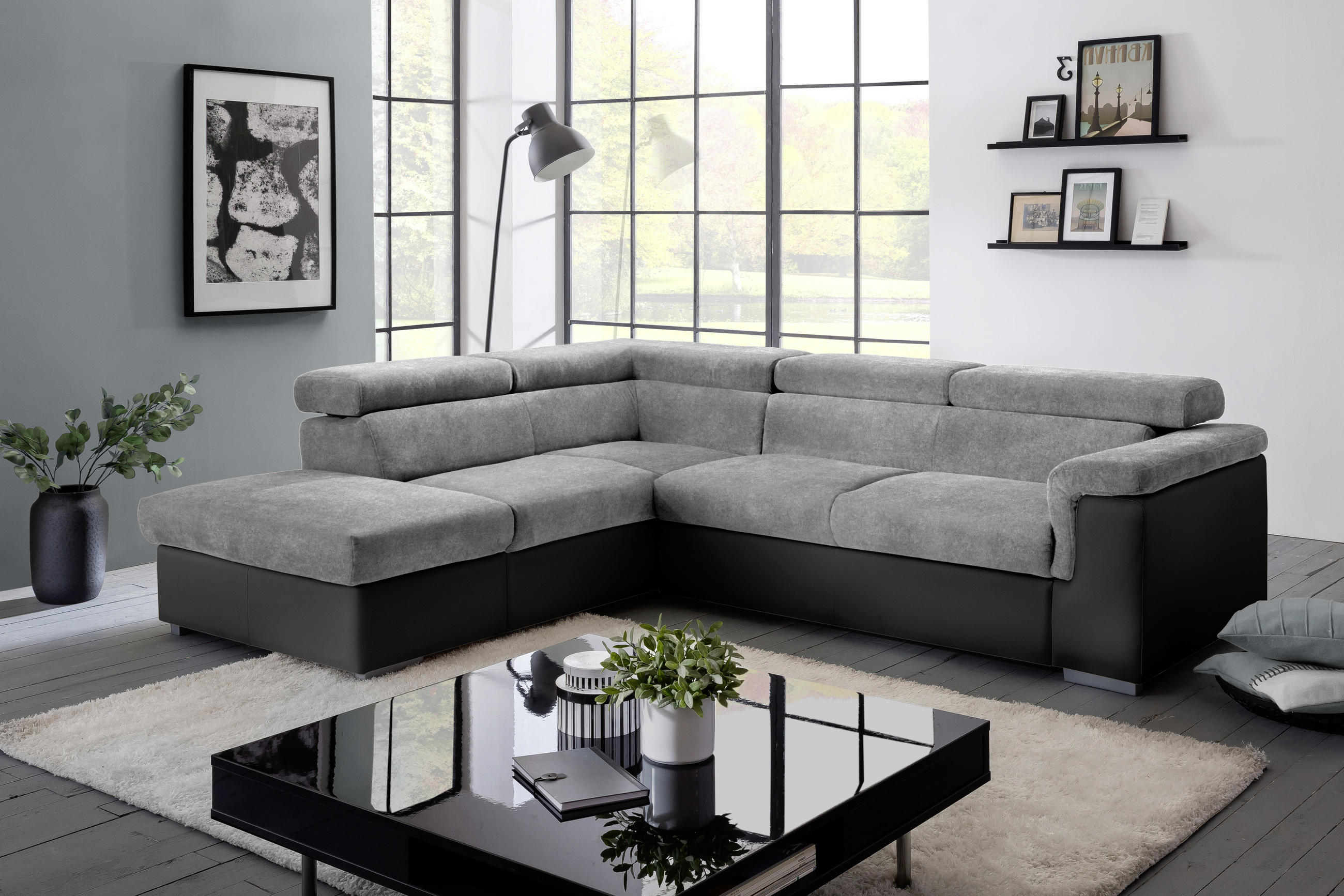 ECKSOFA Grau, Schwarz Lederlook, Flachgewebe  - Schwarz/Grau, Basics, Holz/Textil (217/252cm) - MID.YOU