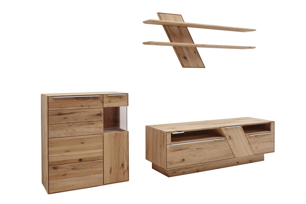 WOHNWAND Sonia  in Buchefarben  304/200/53,7 cm  - Edelstahlfarben/Buchefarben, Design, Glas/Holz (304/200/53,7cm) - Valnatura