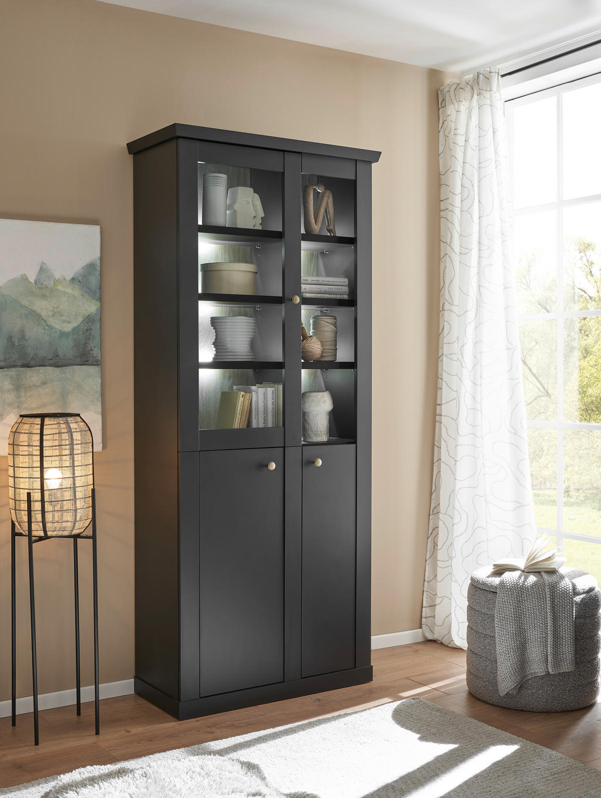 VITRINE  in Schwarz, Eichefarben - Eichefarben/Messingfarben, Design, Holzwerkstoff/Metall (86/200/39cm) - MID.YOU