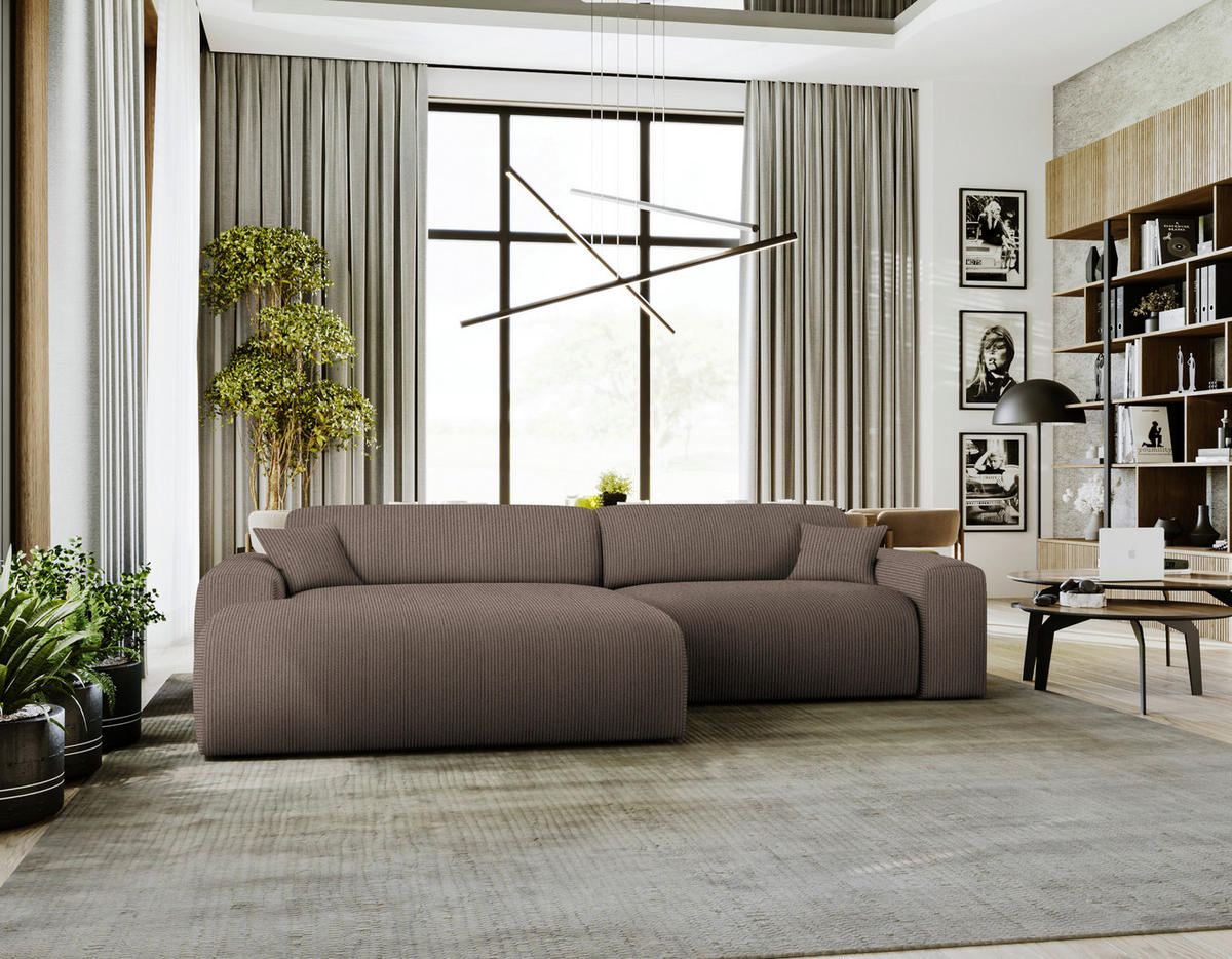 ECKSOFA in Velours, Feincord Braun  178/292 cm  - Schwarz/Braun, Design, Kunststoff/Textil (178/292cm) - home24