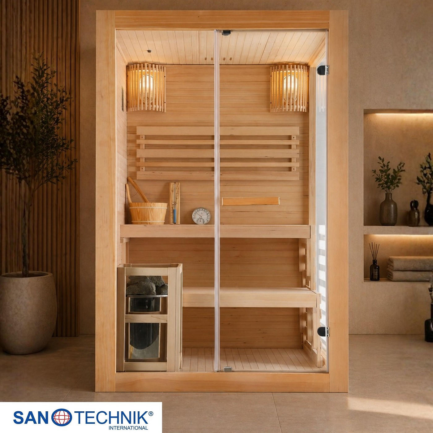 SAUNA für 2 Personen  - Naturfarben, Basics, Glas/Holz (130/120/200cm) - Sanotechnik