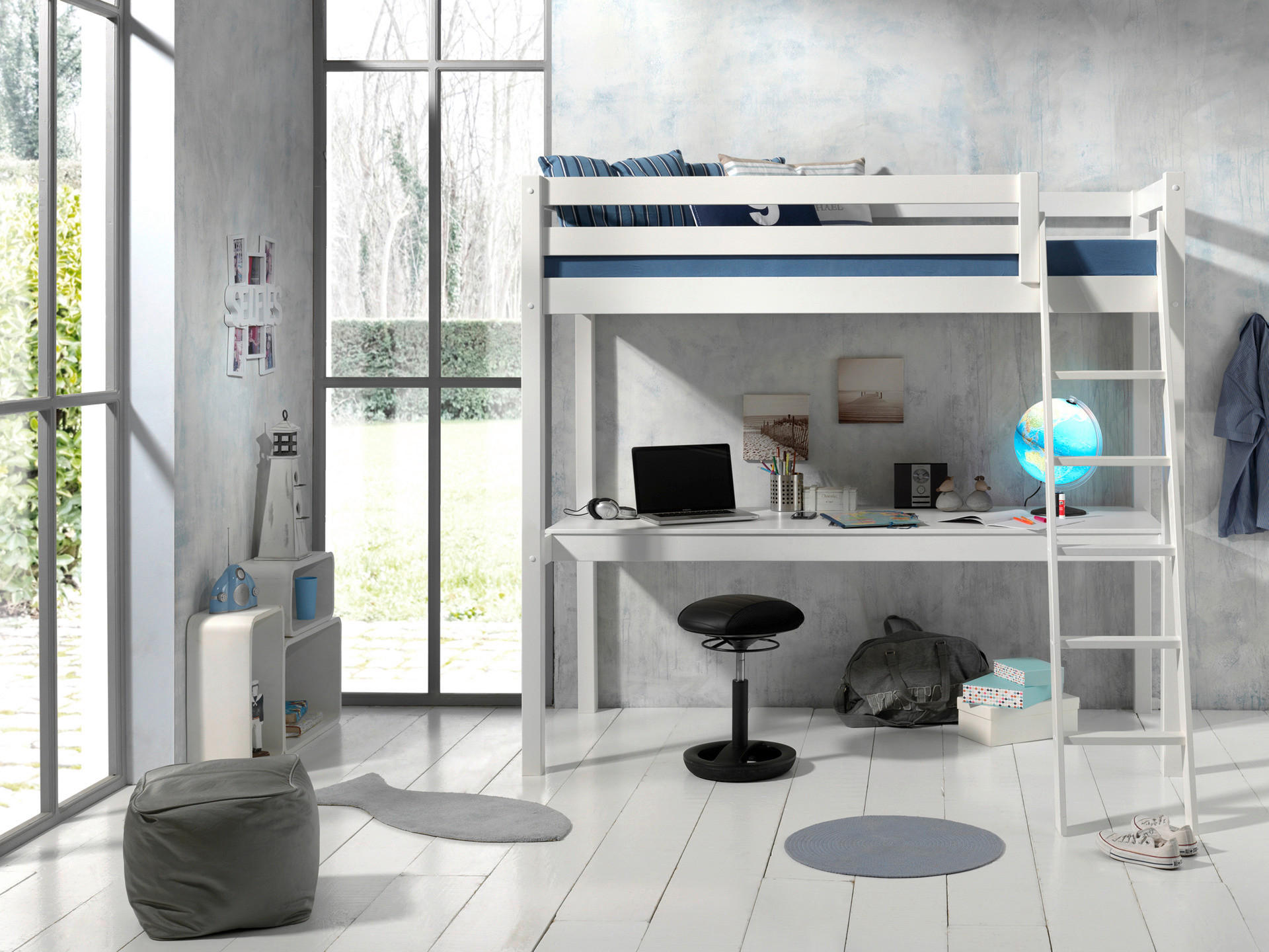 HOCHBETT 90/200 cm,  in Weiß, Absturzsicherung, Leiter, Schreibtisch, Rollrost  - Weiß/Kieferfarben, Basics, Holz (90/200cm) - Vipack