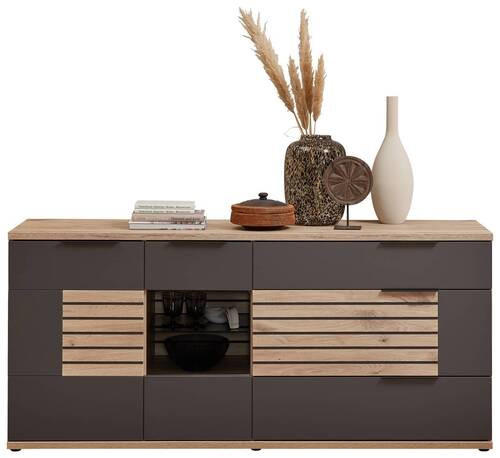 COMODĂ CU UȘI 180/83/46 cm - culoare lemn stejar/grafit, Design, sticlă/metal (180/83/46cm) - Novel