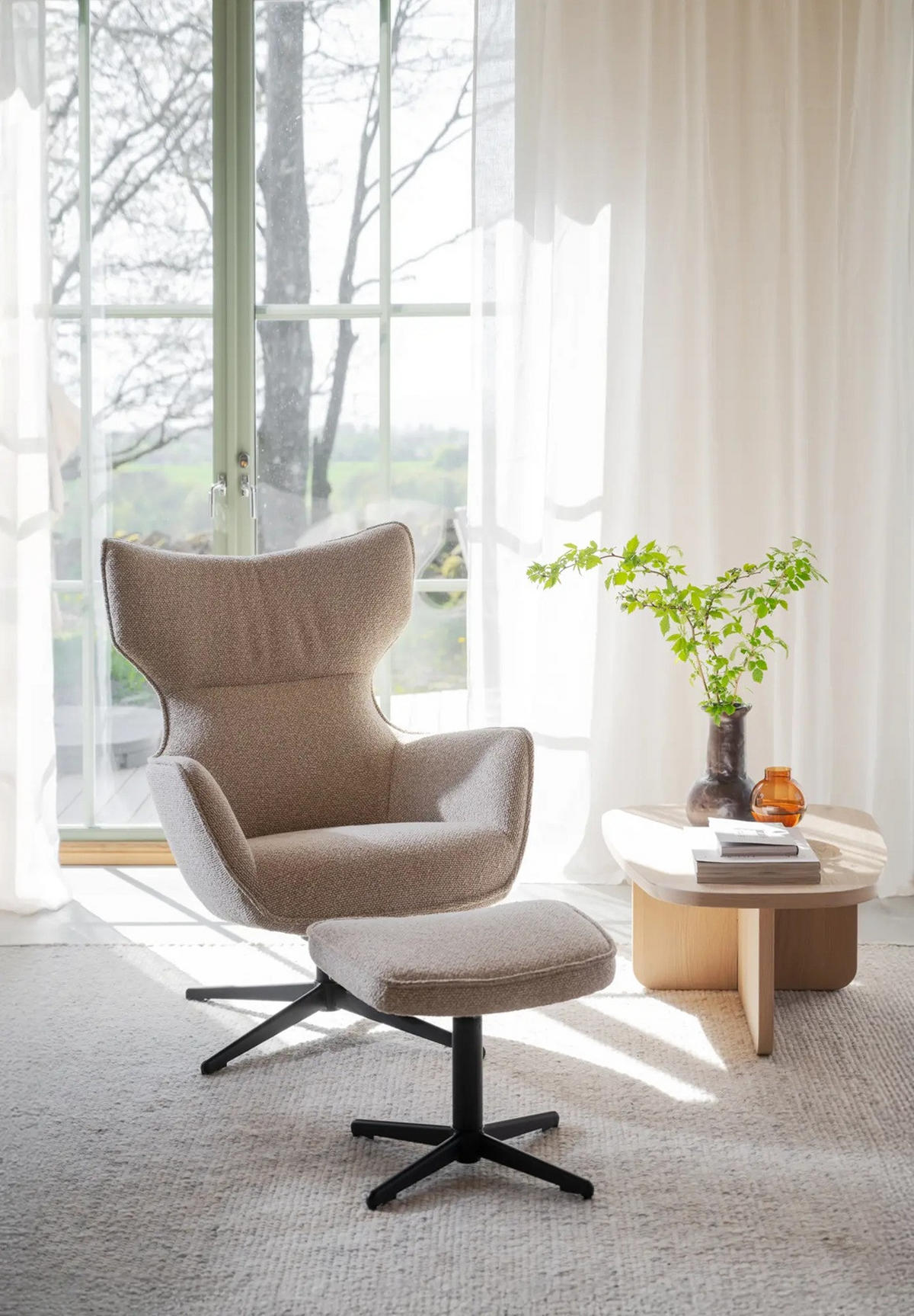 FÅTÖLJ MED FOTPALL i metall, textil beige  - beige, Modern, metall/textil (73/100/85cm) - Rowico