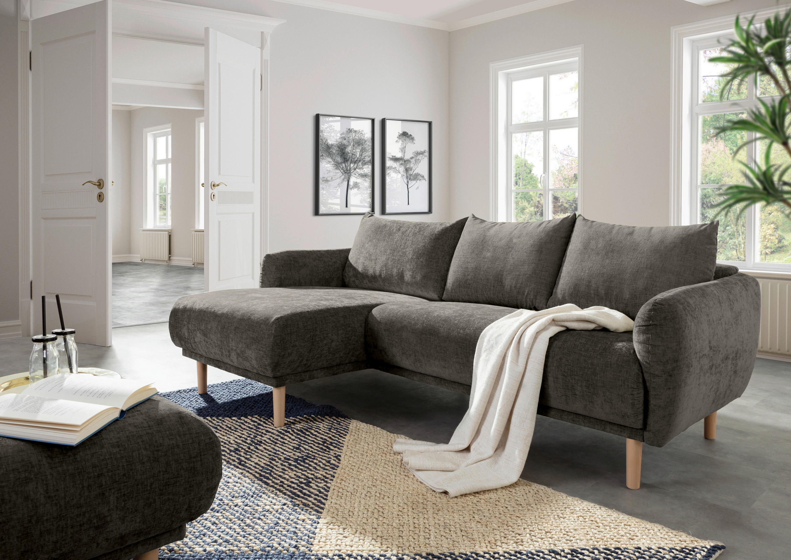 ECKSOFA Dunkelgrau Flachgewebe  - Dunkelgrau/Buchefarben, KONVENTIONELL, Holz/Textil (144/230cm) - Carryhome