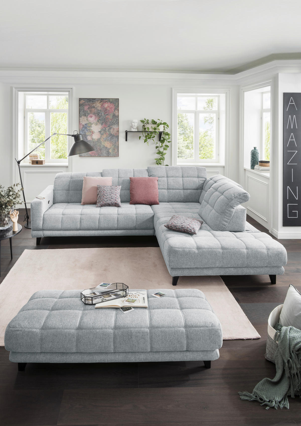 ECKSOFA in Webstoff Hellgrau  - Hellgrau/Schwarz, Design, Holz/Textil (302/216cm) - Xora