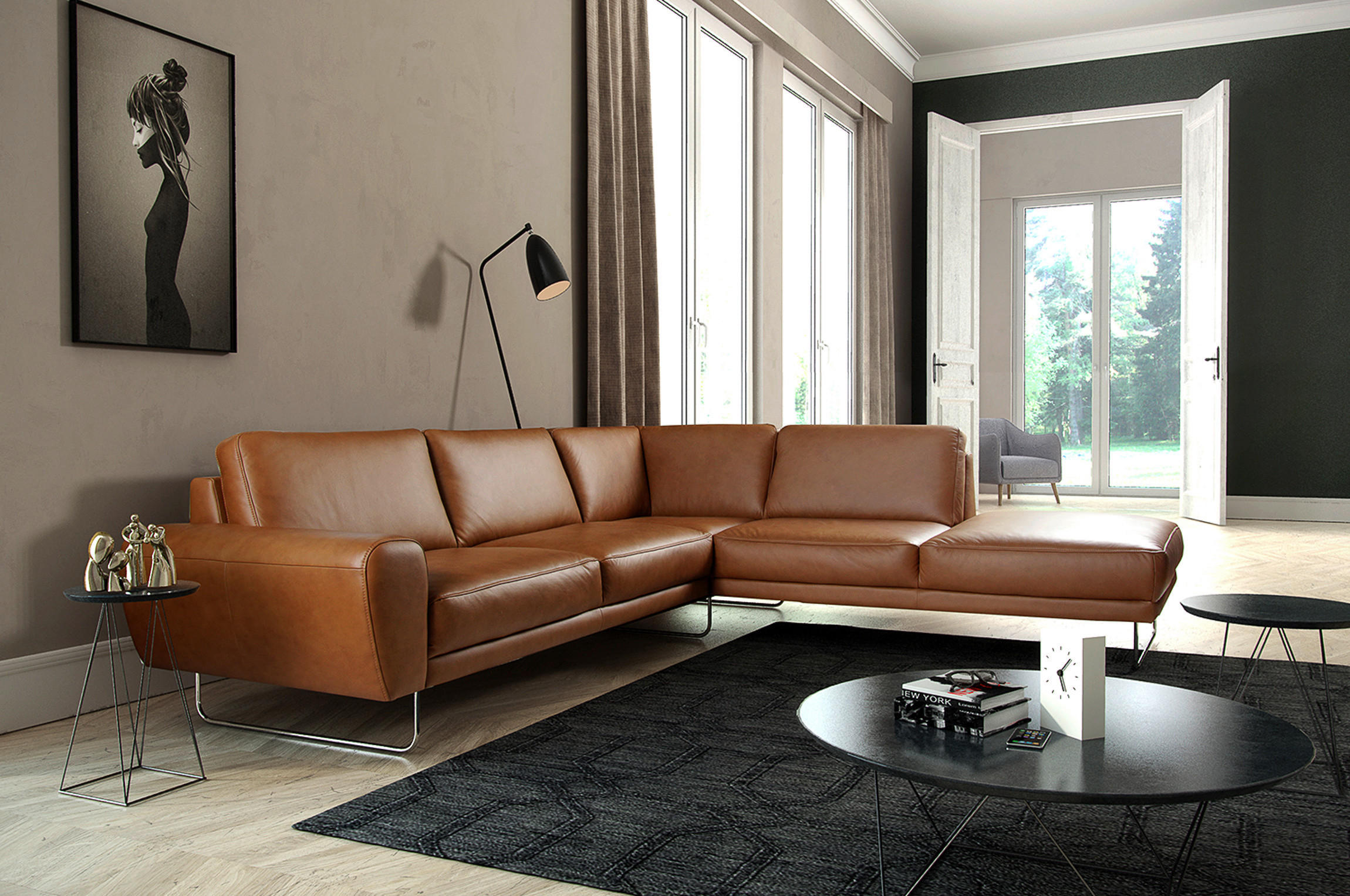 ECKSOFA in Echtleder Cognac  273/250 cm  - Chromfarben/Cognac, Design, Leder/Metall (273/250cm) - Livetastic