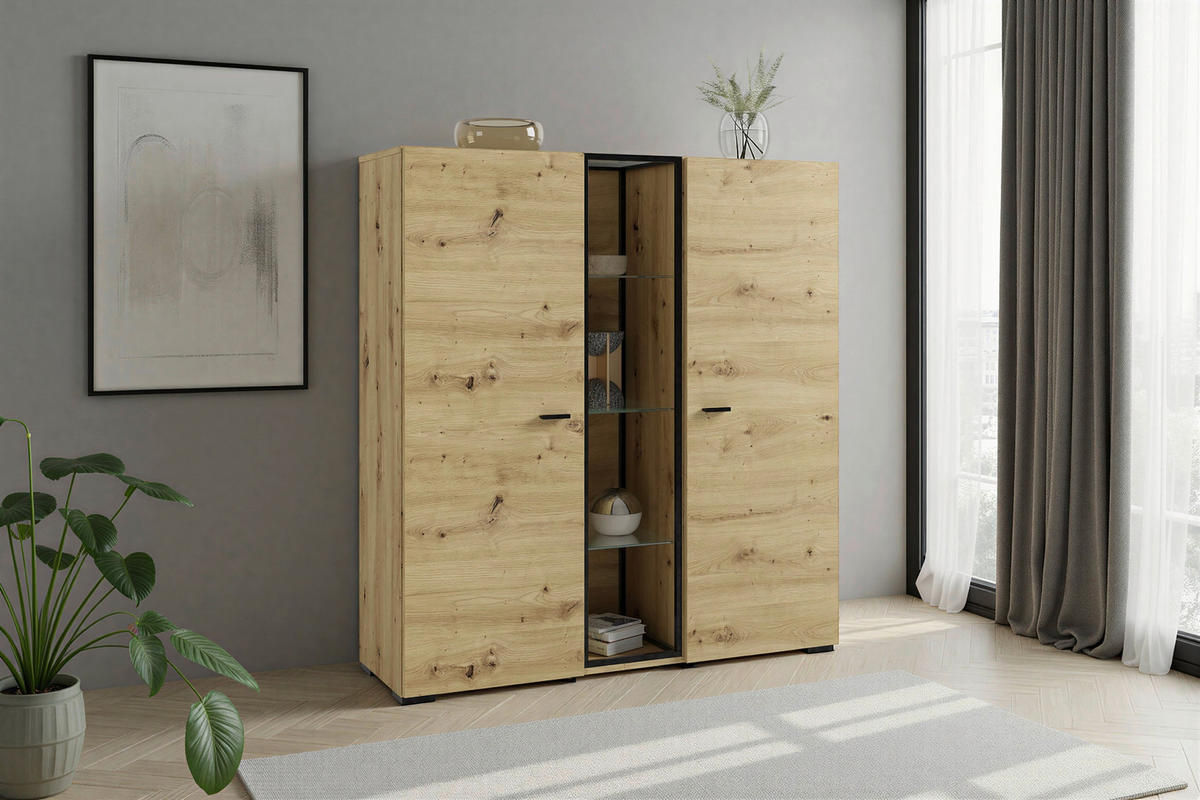 HIGHBOARD FRAME, 120/130,5/38 cm,  - Schwarz/Eiche Artisan, MODERN, Glas/Holzwerkstoff (120/130,5/38cm) - MID.YOU
