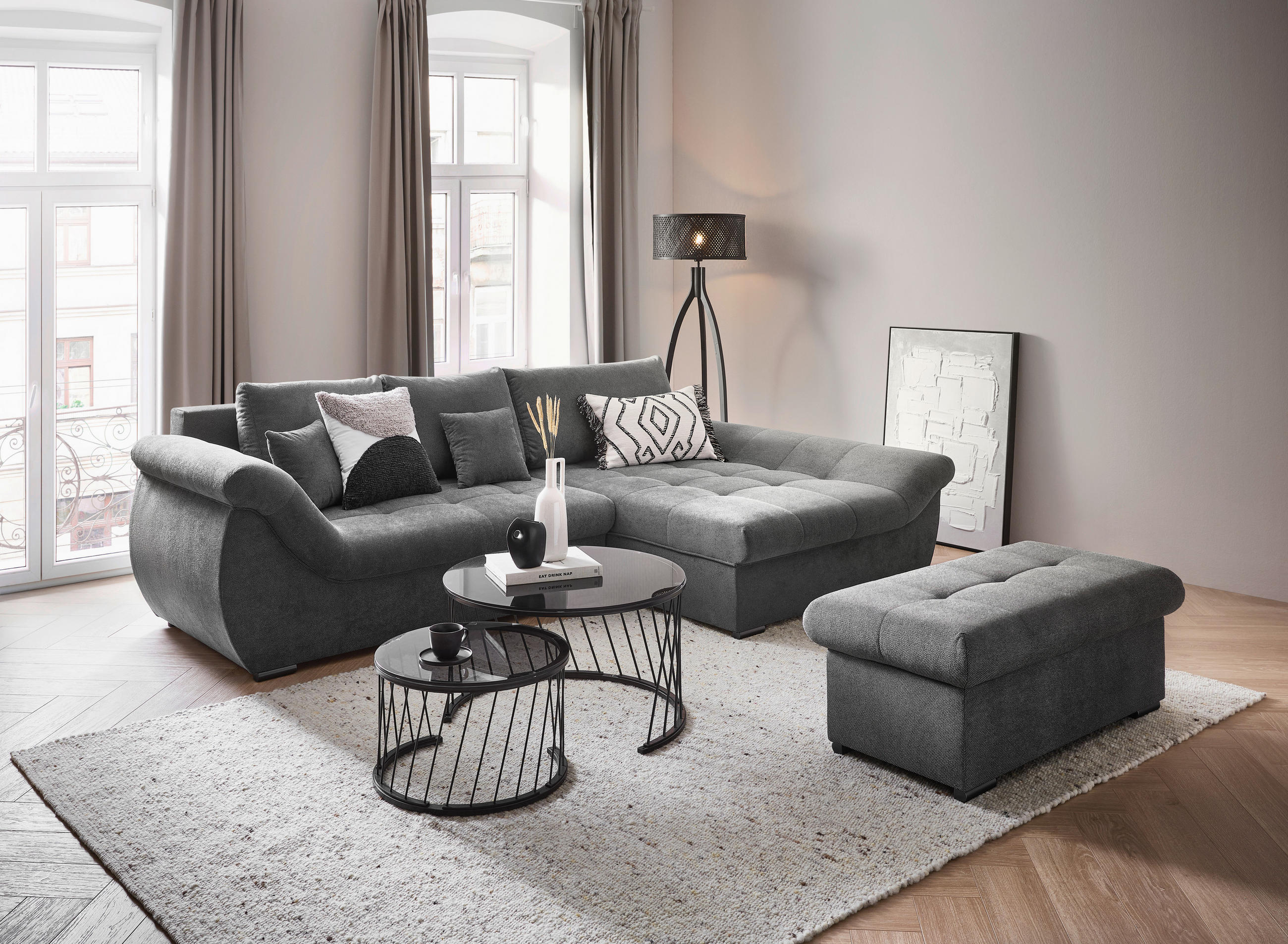 ECKSOFA Grau Flachgewebe  - Schwarz/Grau, Design, Kunststoff/Textil (278/175cm) - Xora