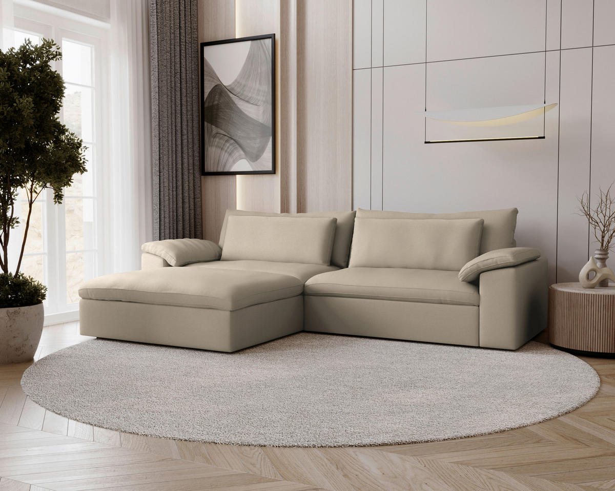 ECKSOFA 198/306 cm  in Chenille Greige Rückenkissen, Nierenkissen, Armlehnenkissen, Rücken echt  198/306 cm  - Greige/Schwarz, MODERN, Kunststoff/Textil (198/306cm) - Carryhome