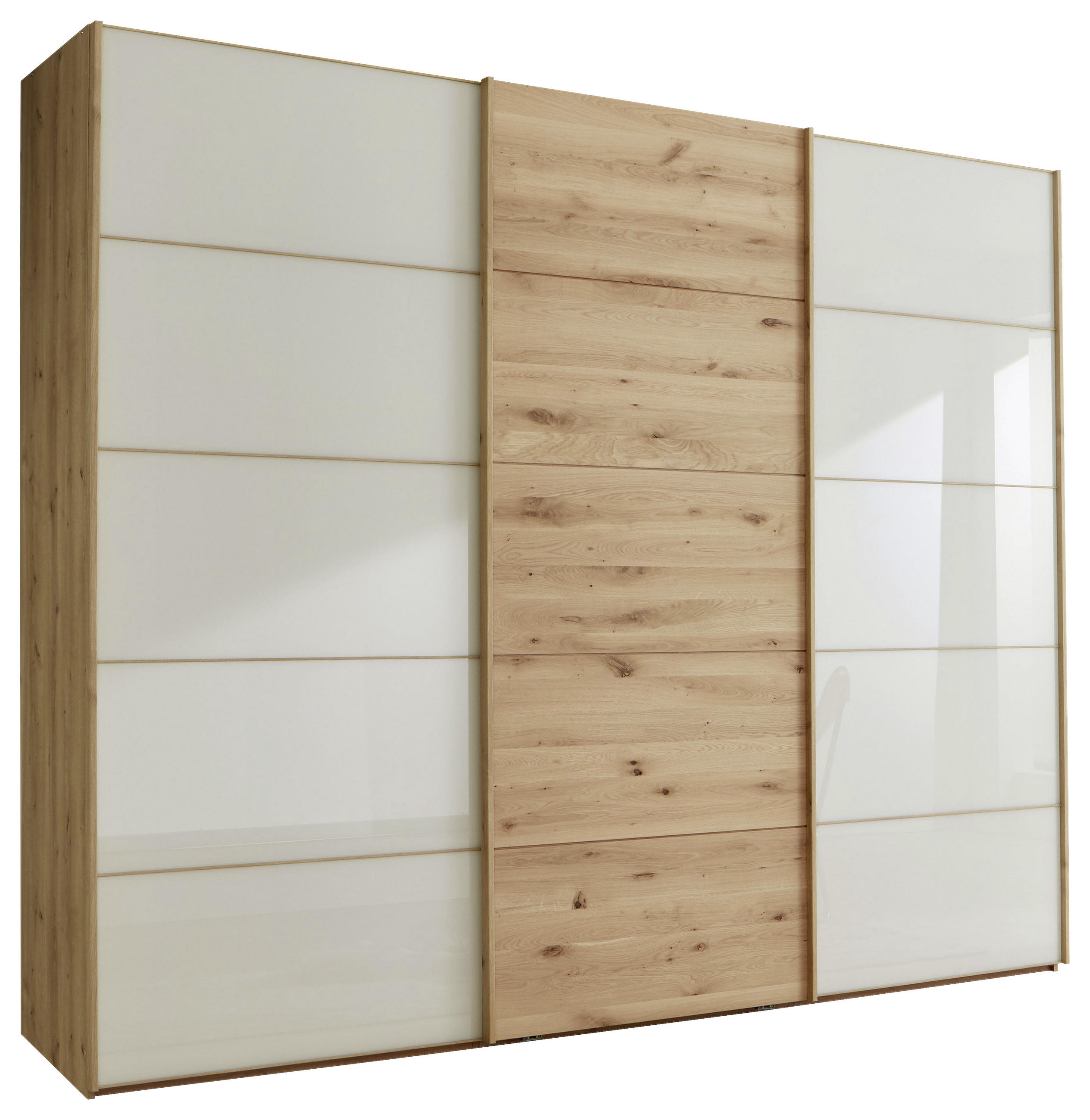 SCHWEBETÜRENSCHRANK 250/236/67 cm 3-türig Champagner, Eiche Bianco  - Eiche Bianco/Champagner, Natur, Glas/Holz (250/236/67cm) - Linea Natura